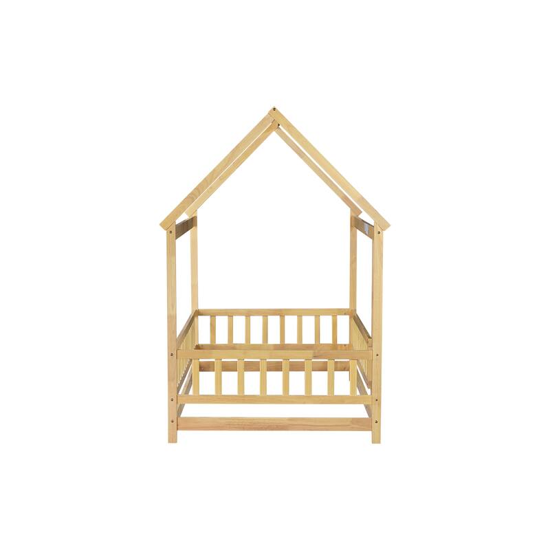 Twin Size House Floor Wooden Bed with Roof Frame, Safety Guardrails, Natural
