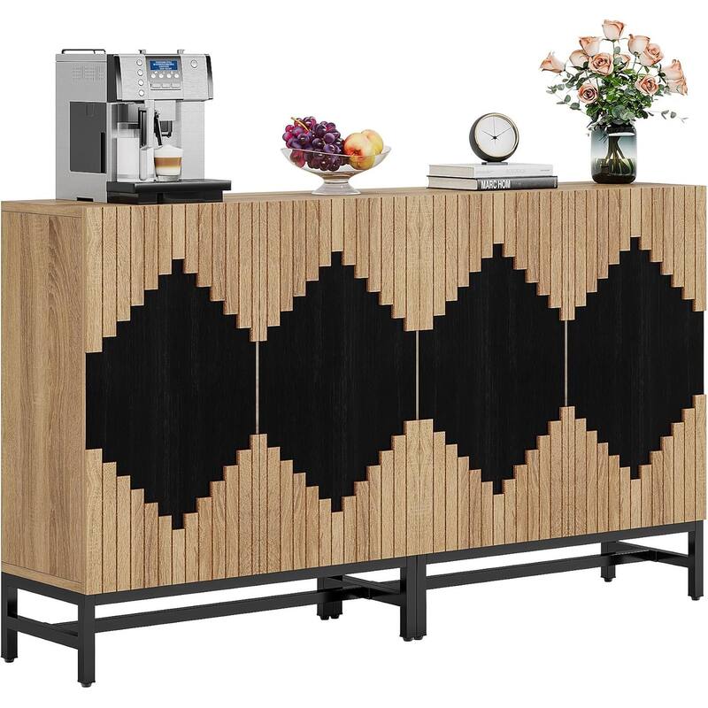 Farmhouse Buffet Sideboard Cabinet with Shelves Geometric Two-Tone Doors Storage TV Stand for Kitchen Dining Living Room