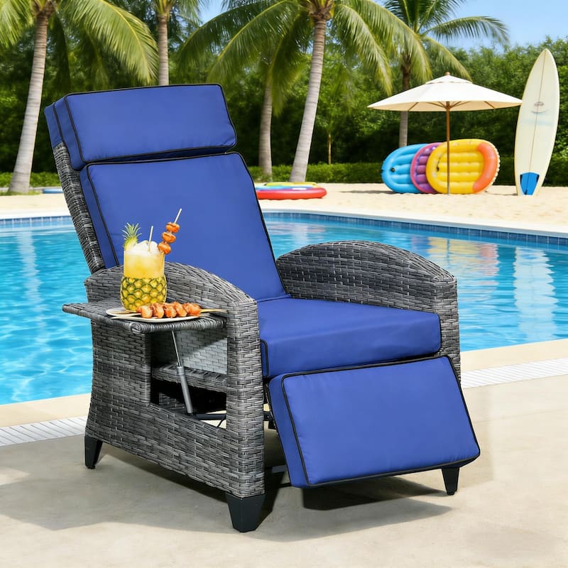 GDFStudio Outdoor Isolde PE Wicker Recliner Chair with Cushioned Comfort and Side Tray - Dark Blue+Gray