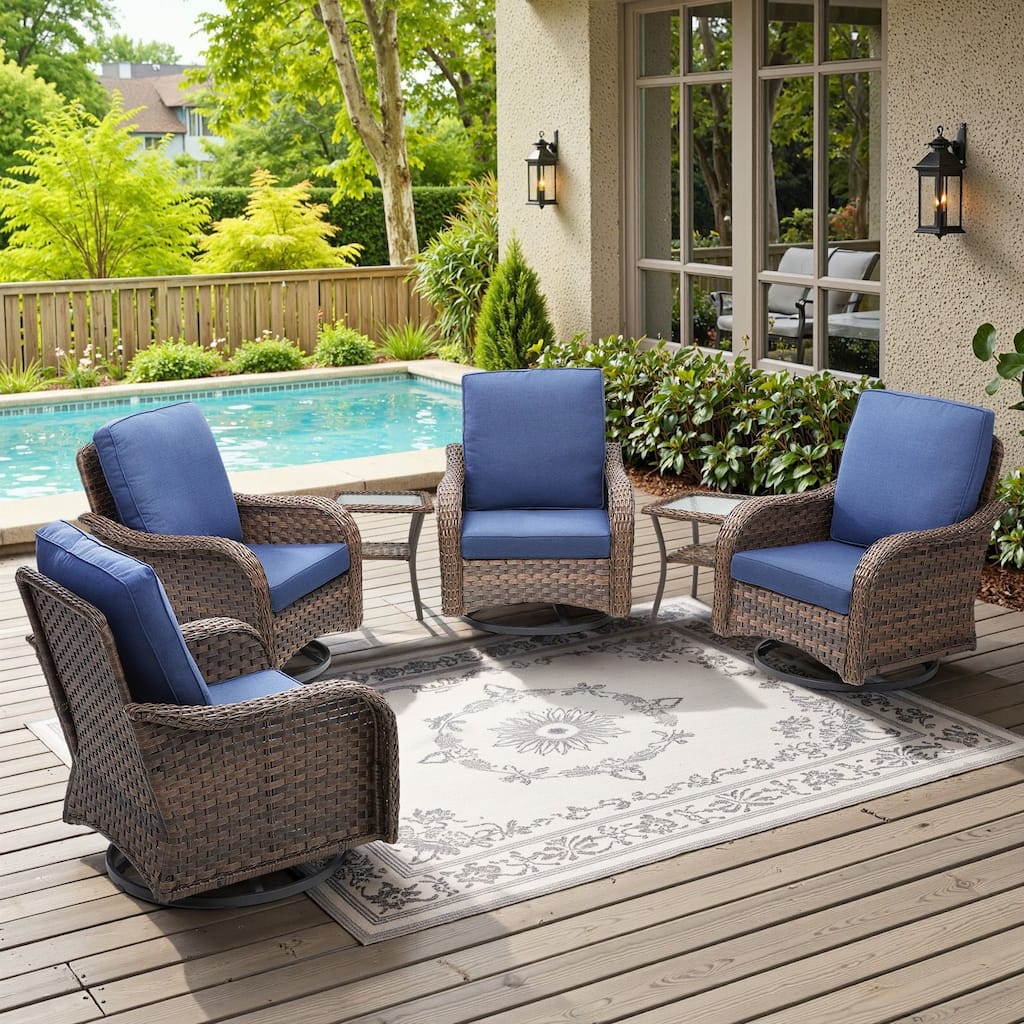 Cavira 6-Piece Brown Wicker Outdoor Patio Swivel Glider Chairs with Side Tables