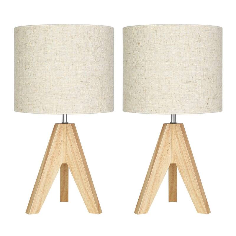 Set of 2 Modern Desk Lamps with Linen Drum Shade and Wooden Tripod Base for Bedroom or Living Room - Beige-Natural