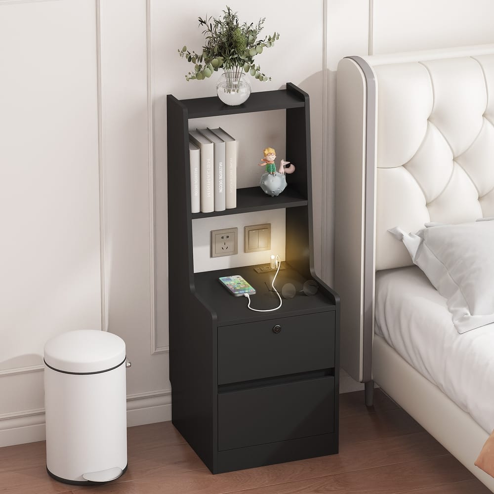 Smart Nightstand with Night Light and Charging Station, Sofa Side Table with Bookshelf, Coffee Table with 2 Storage Drawers