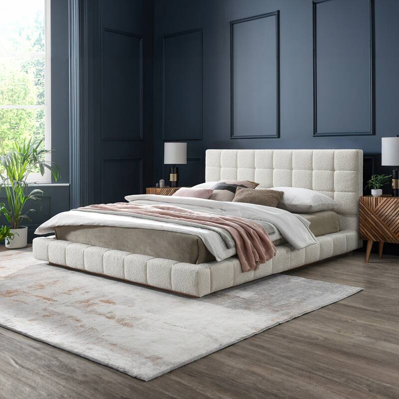 Ivory Boucle Queen Size Upholstered Platform Bed with Wooden Slat Support, No Box Spring Needed - Queen Ivory - Queen