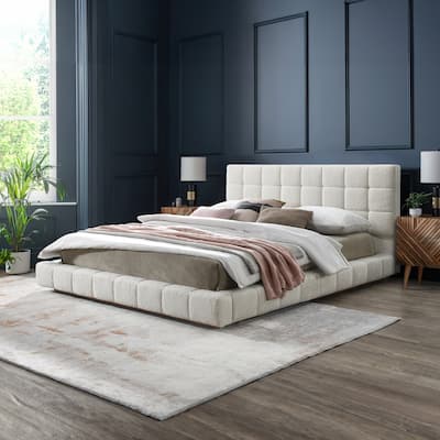 Ivory Boucle Queen Size Upholstered Platform Bed with Wooden Slat Support, No Box Spring Needed