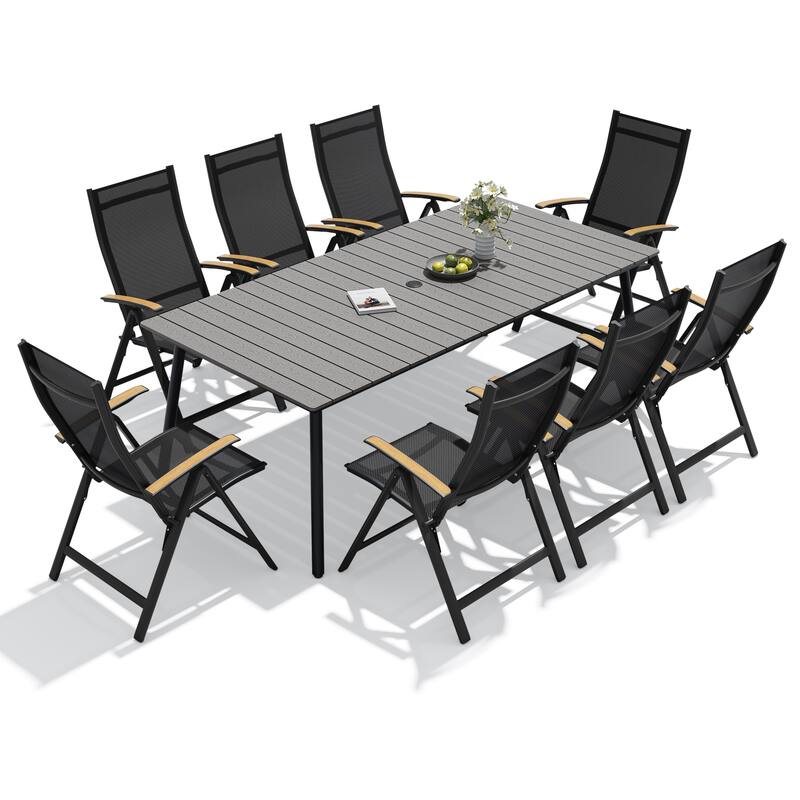9-Piece Outdoor Patio Dining Set WPC Table Top Alumium Umbrella Hole Table with Folding Armrest Chairs - Grey