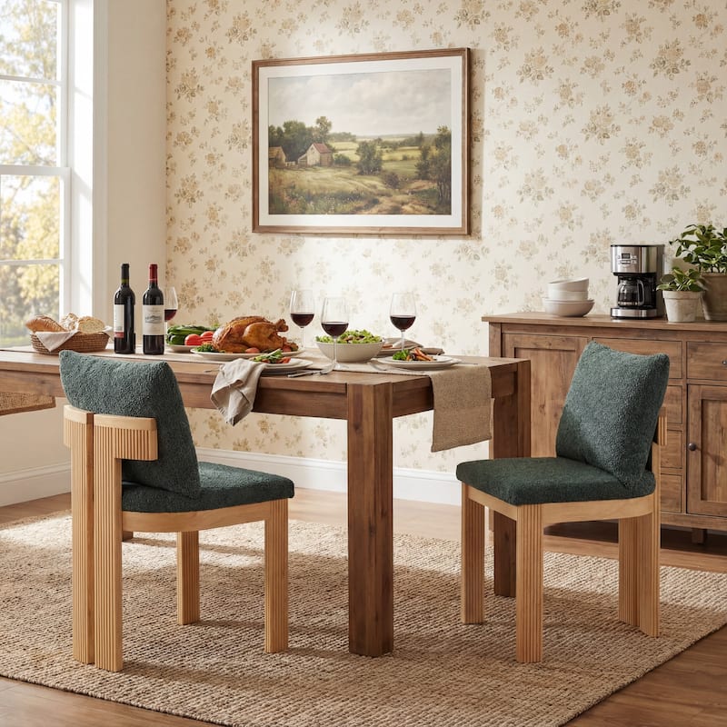 Christopher Knight Home - Modern 20.67" Boucle Upholstered Dining Chairs Set, Ergonomic Contoured Seat & Solid Wood Legs - Set of 2 - Natural Leg+Green Fabric