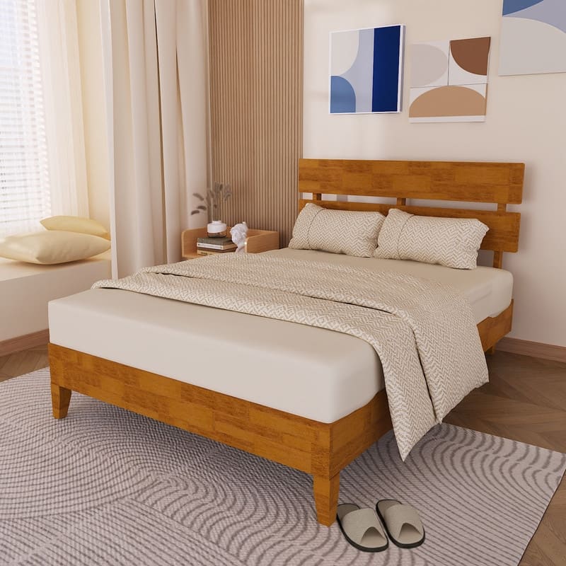 Modern Brown Solid Wood Platform Bed Frame with Headboard