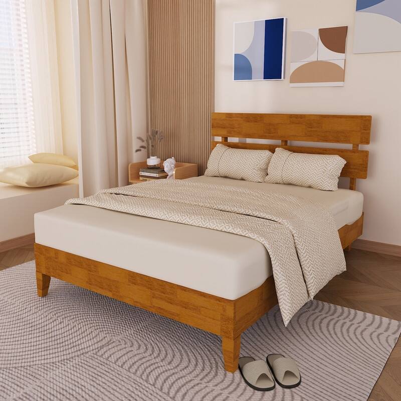 Solid Wood Modern Platform Bed Frame with Headboard