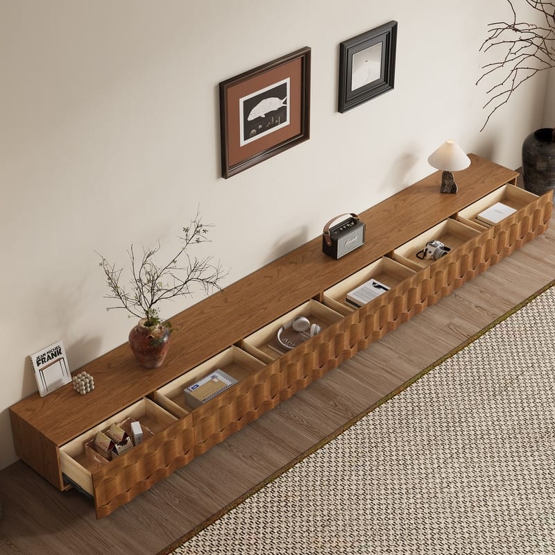 Mid Century Brown Wood TV Stands, Not Assembled Need, Media Console with 3-6 Drawers for Optional