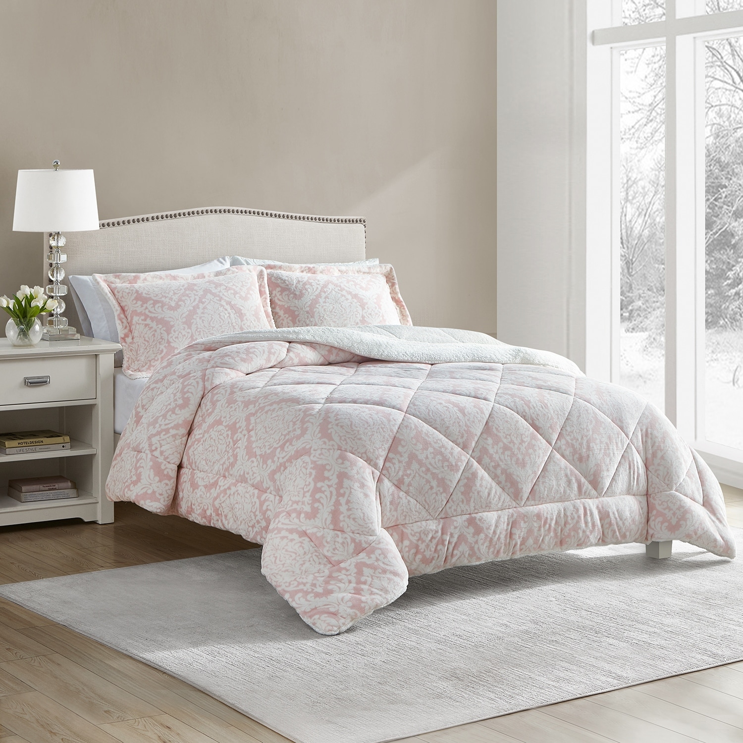 Pink sherpa comforter on sale