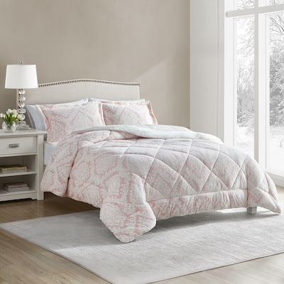 CEDAR COURT Hyde Damask Blush Pink 3-Piece Ultra Plush/Sherpa Comforter Set