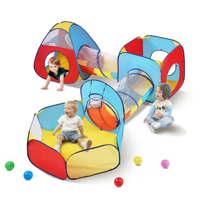 VEVOR 5 in 1 Kids Play Tent with Tunnel, Basketball Hoop for Boys, Girls, Red/Yellow/Blue - 5paragraphs