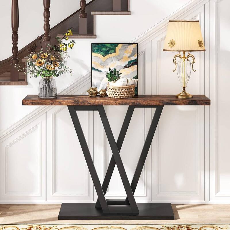 Brown Black MDF Metal Console Entryway Table with V Base Industrial Design - 43.31''L x 11.81”W x31.5”H