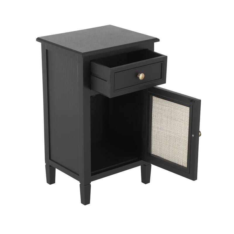 Wood Handmade 1 Door and 1 Drawer Cabinet with Rattan Front - Black - Roche River Decor