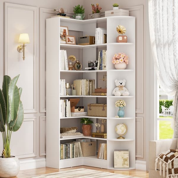 slide 2 of 24, 6-Tier Corner Bookshelf, 71" H Freestanding L-Shaped Book Shelf with Baffle, Corner Open Display Shelf Bookcase