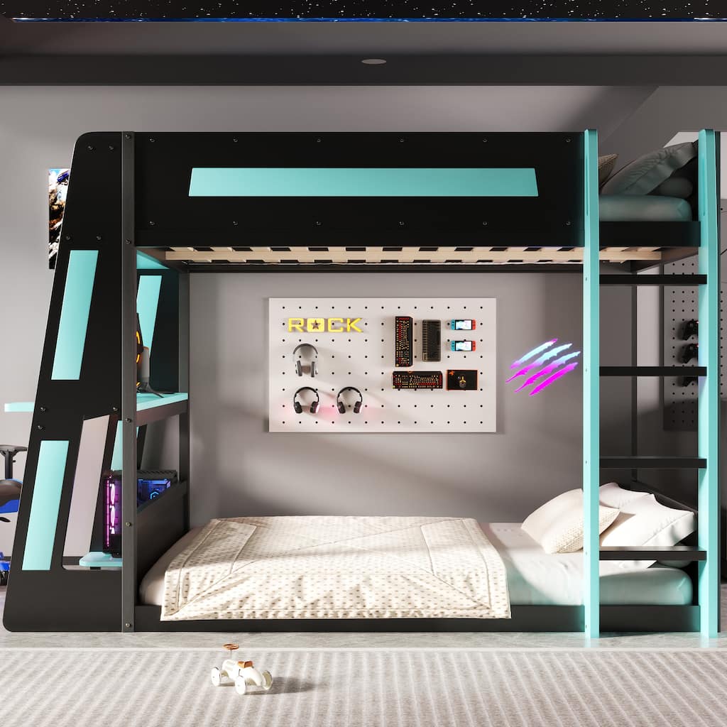 Full or Twin Gaming Bunk Bed Gaming Loft Bed with Built-In Gaming Station Cable Management for Gamer Gaming Hotel Gaming Suite