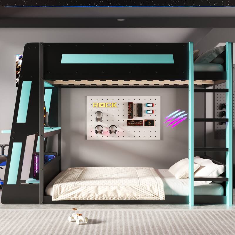 Gaming Bunk Bed with Computer Desk, Storage Shelves, USB Port and LED Strip Lighting, Esports Design, Wooden Gaming Bed