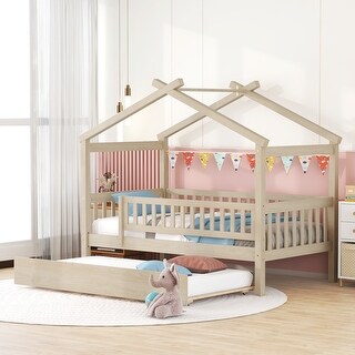 Pine Wood House Platform Bed with Trundle and Headboards, Creativity House Shape, Sturdy Construction