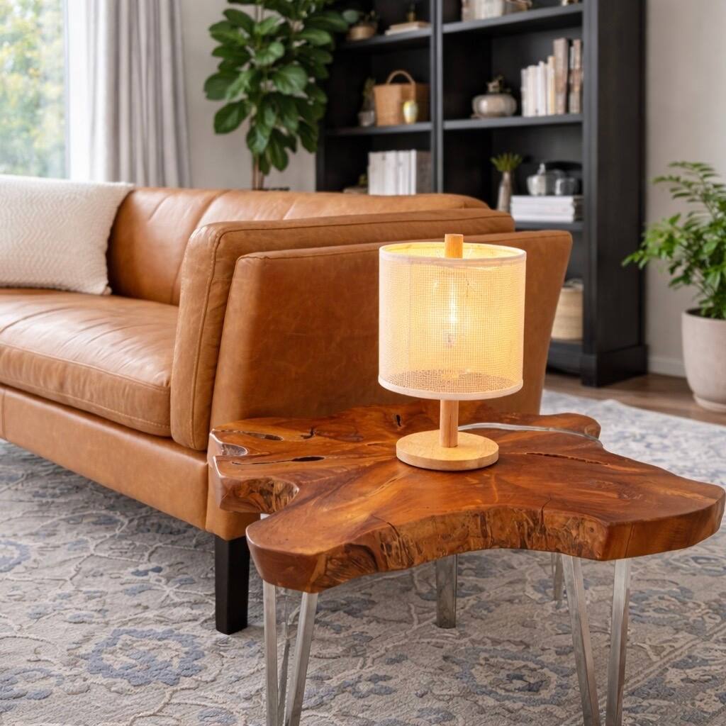 Lily Natural Woven Table Lamp with Wooden Base