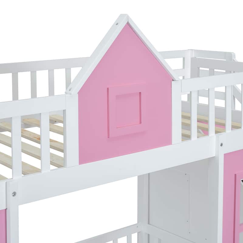 Full Size Wooden Loft Bunk Bed with Table, Seats, and Storage Shelves