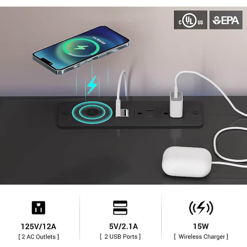 2 Drawers LED Nightstand Wireless Charging Station Pull-Out Shelf