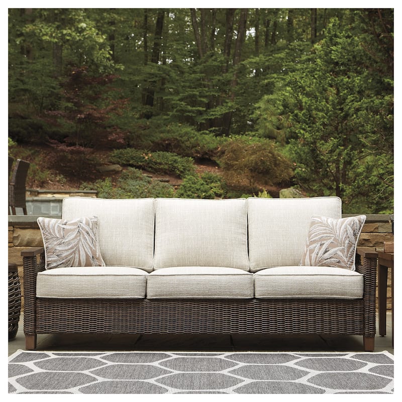 Paradise Trail Outdoor Sofa with Cushion - Handwoven Resin Wicker Frame - Medium Brown - Brown/Beige