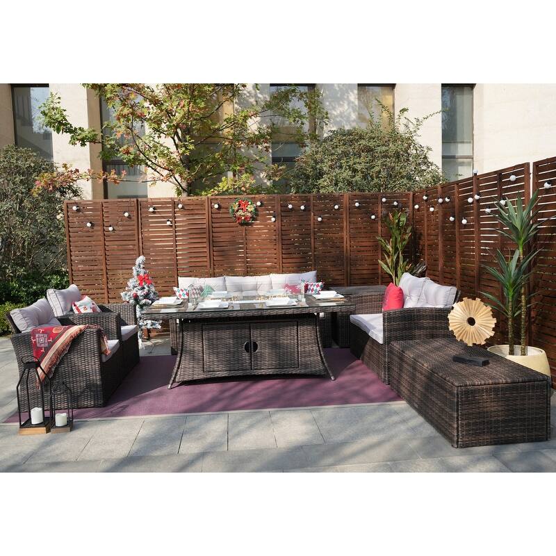 Leavitt 7-Piece Patio Wicker Chat Set with Fire Pit Table and Rain Cover - Brown