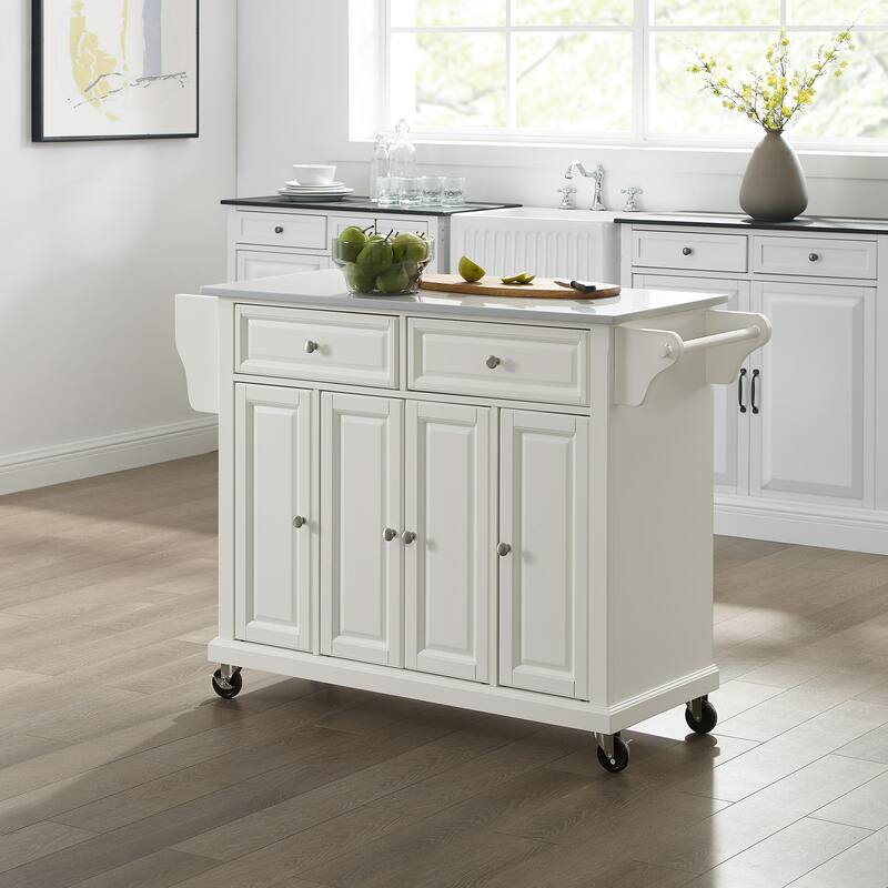 Kitchen Cart with Granite Top - Full Size Rolling Utility Island - Modern White Kitchen Storage