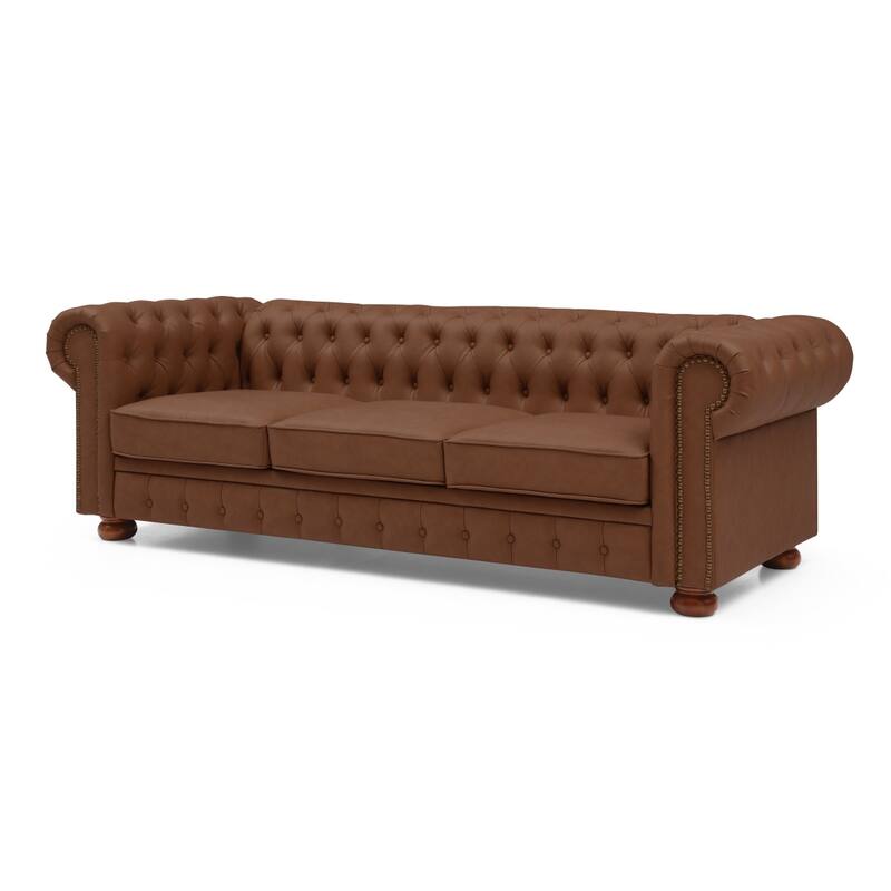 Chesterfield Sofa, 88.5" Upholstered Sofa Couch with Low Back, Roll Arm Nailhead Trim Classic 3 Seater Sofa for Living Room Home