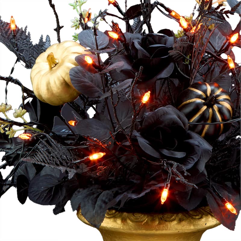 National Tree Company 16" Artificial Chic Eek Black and Gold Halloween Centerpiece, 35 Orange LED Lights - 16 in