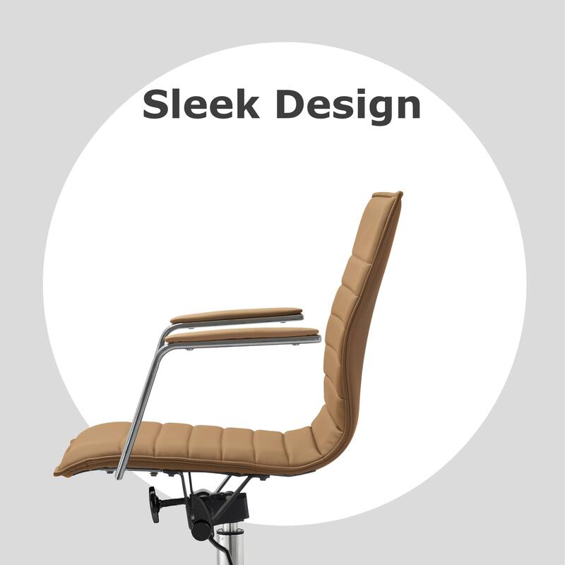 Set of 2 Modern Office Chairs | Upholstered PU Leather Ribbed Mid Back with Metal Frame | Adjustable Height, Tilt Lock