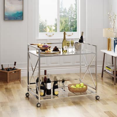 Modern Two-Tier Bar Cart with Tempered Glass, Industrial Metal Frame, Open Art Deco Sides for Entertaining and Home Decor