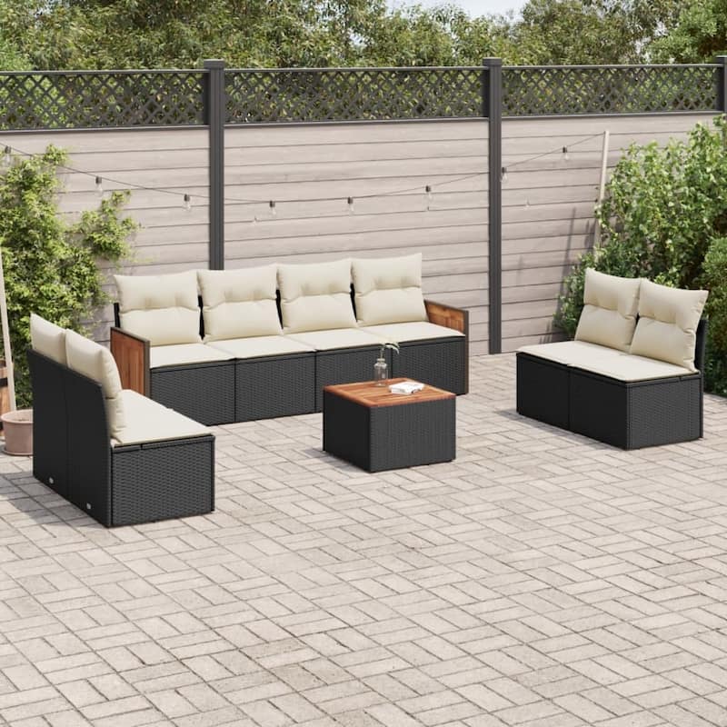 vidaXL Patio Sofa Set with Cushions Outdoor Conversation Furniture Poly Rattan - Black and cream with table - 21.7 x 21.7 x 14.6 in