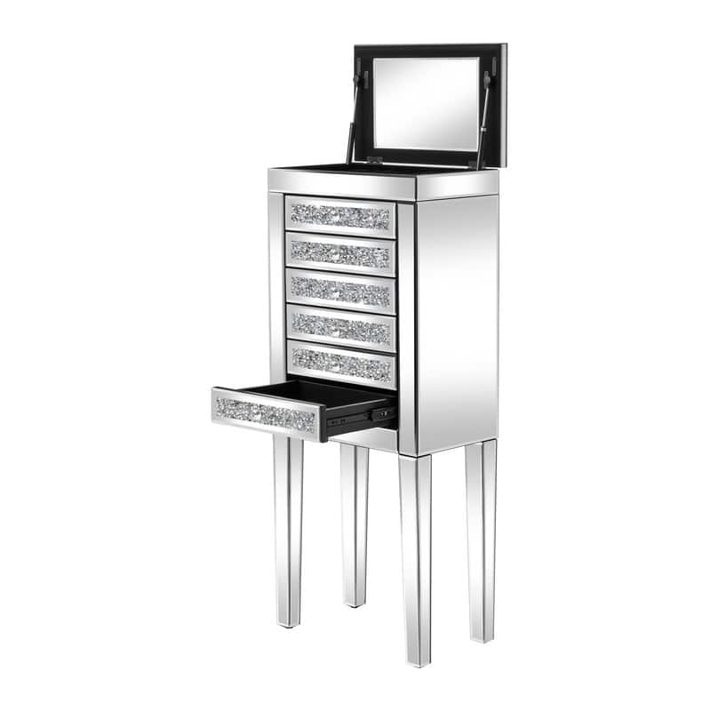 Mirrored Glass Jewelry Armoire with Crushed Diamond Inlay