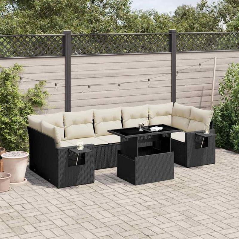 vidaXL Patio Sofa Set with Cushions Outdoor Furniture 8 Piece Poly Rattan - 24.4 x 24.4 x 27.2 - Black and Cream-without storage