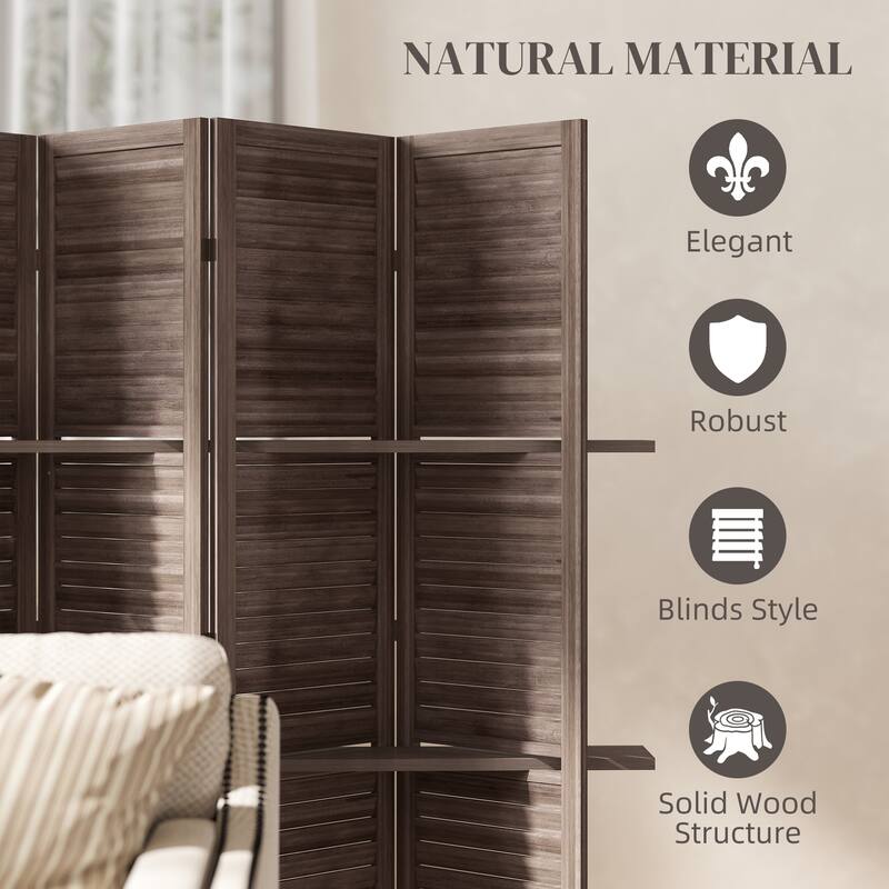 HOMCOM 4 Panel 67" Tall Wood Room Divider, Privacy Screen with 3 Display Shelves, and Folding Storage for Bedroom or Home Office