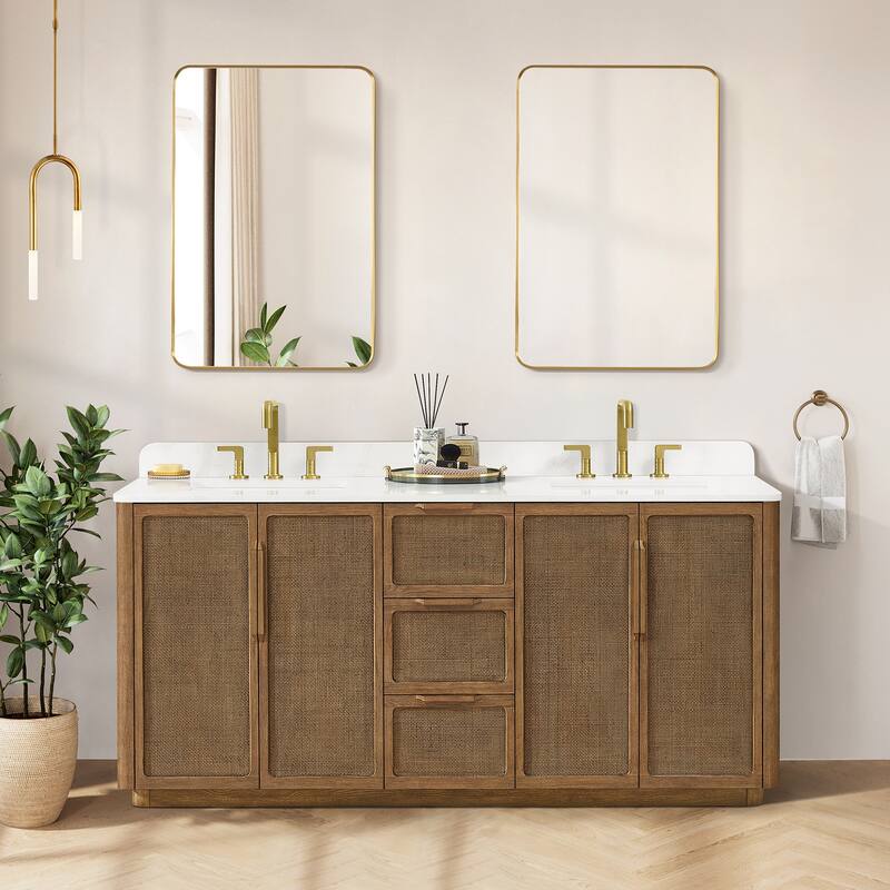 Busan Bath Vanity with White Quartz Stone Top without Mirror - 72in. - Oak Classic Brown