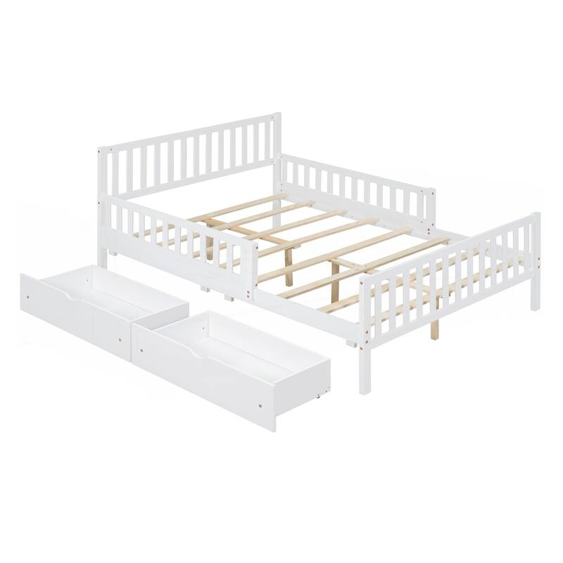 Full Size Wood Platform Bed with Guardrails on Both Sides