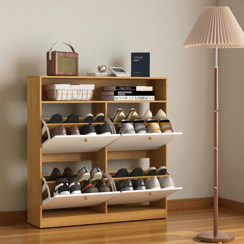 39.4" Shoe Storage Cabinet with 4 Flip Drawers, Large Freestanding Entryway Shoe Organizer with Wooden Handles and Anti-Tip Kit