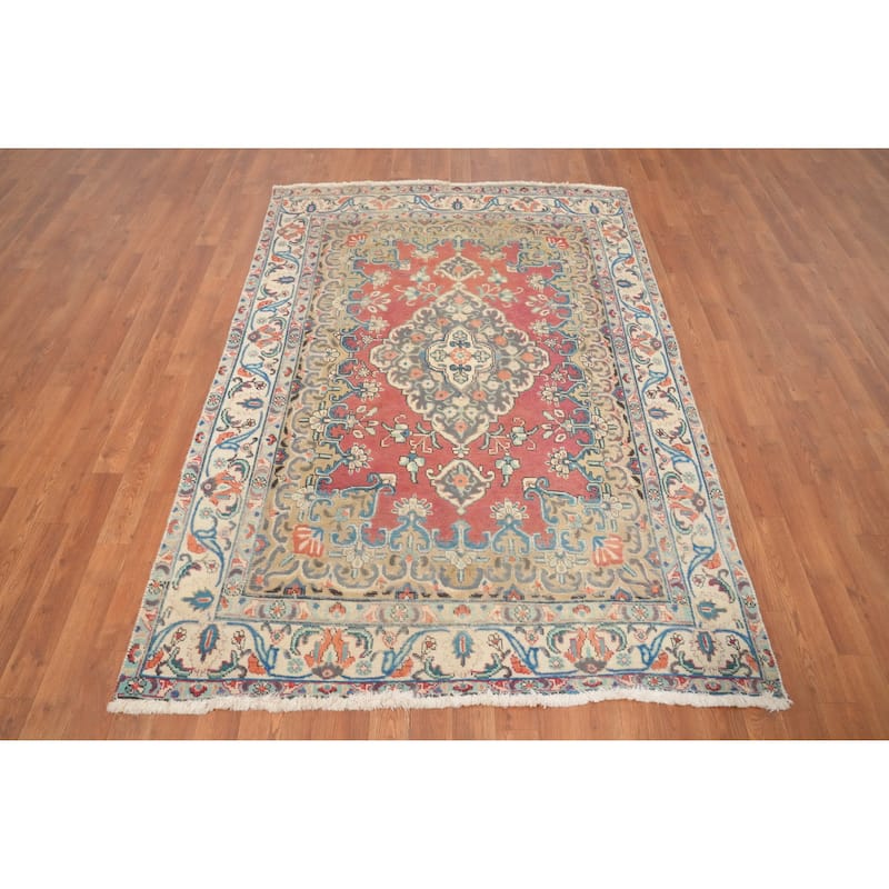 Hand Knotted Oriental 100% Wool Carpet Traditional Floral Oranges & Rust Tabriz Area Rug - 6' 5'' X 4' 6''