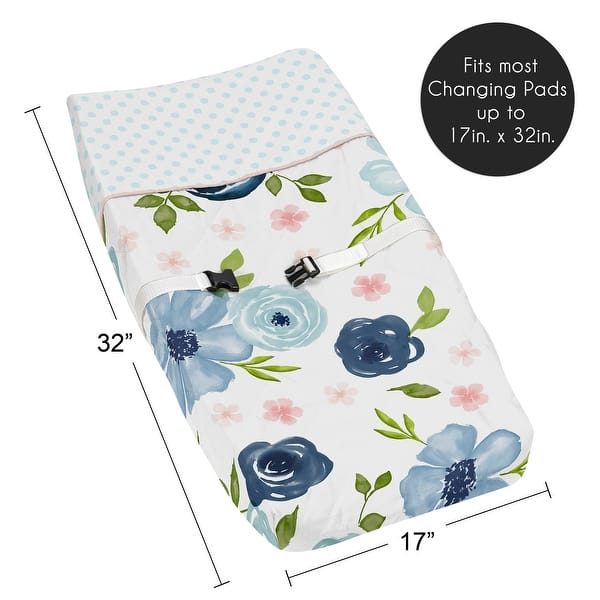 Navy Blue Pink Watercolor Floral Girl Changing Pad Cover - Blush Green White Shabby Chic Flower Polka Dot