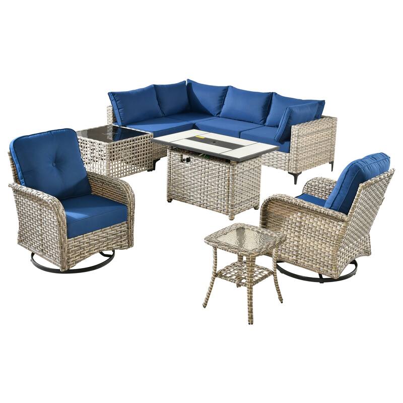OVIOS 9 Pieces Outdoor Wicker Swivel Chair Set With Fire Table