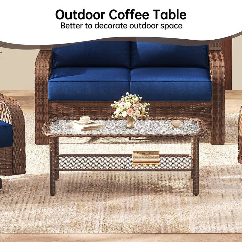 Outdoor Coffee Table with Storage Shelf, Wicker Patio Coffee Table for Patio, Outside, Balcony, Porch, Deck