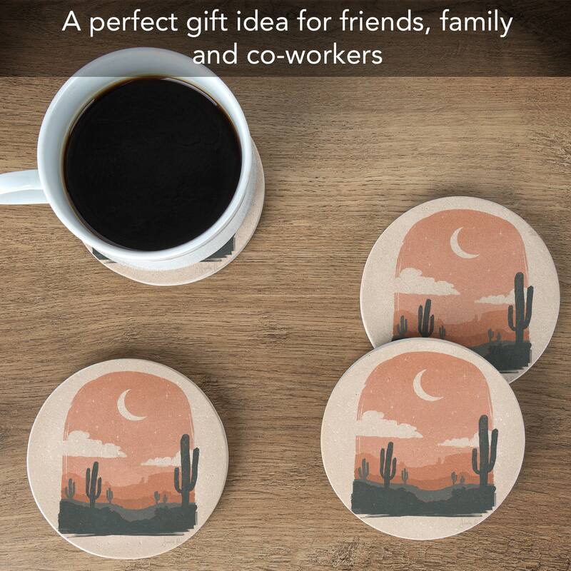 Desert Night 4 Pack Round Natural Sandstone Coasters with Protective Cork Backing Manufactured in The USA