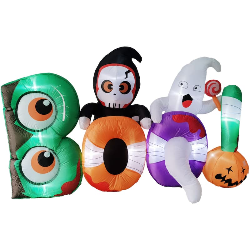 Haunted Hill Farm 8-ft. Wide Prelit Inflatable Boo Sign with Reaper and Ghost