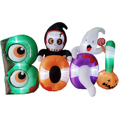 Haunted Hill Farm 8-ft. Wide Prelit Inflatable Boo Sign with Reaper and Ghost