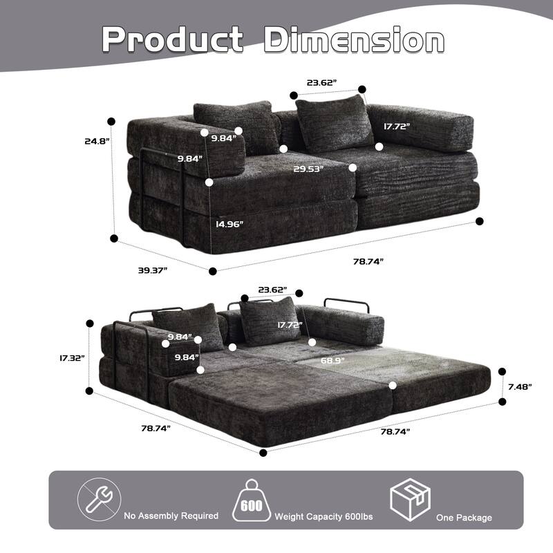 Convertible Floor Sofa Bed - Fixed Frame Chenille Loveseat, Modular Sectional, No Assembly Required