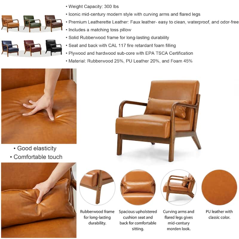 Glitzhome 30.75"H Mid-Century Modern PU Leather Armchair Accent Chair with Pillow - 25.75"W x 33.75"D x 30.75"H