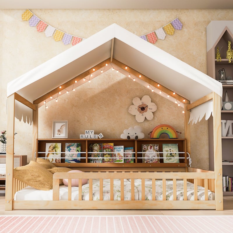 Full Size House-Shaped Daybed with Storage Bookshelves, Canopy Curtain and LED Light, Wooden Floor Bed with Fence