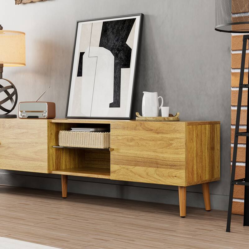 70 Inch, Mid-Century Modern TV Stand, TV Media Console with 3 Doors and 2 Cabinets, for Living Room Bedroom
